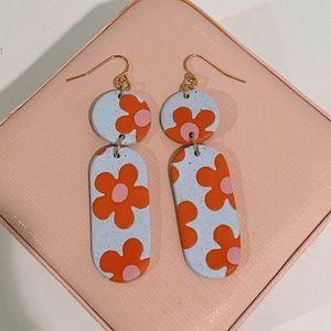 Blue Orange Flower Polymer Handmade Earrings Retro